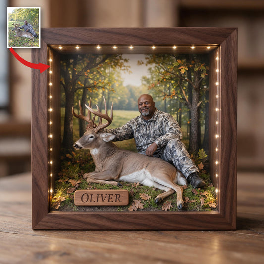 Cadre lumineux LED personnalisé avec photo de chasseur noir et cerf