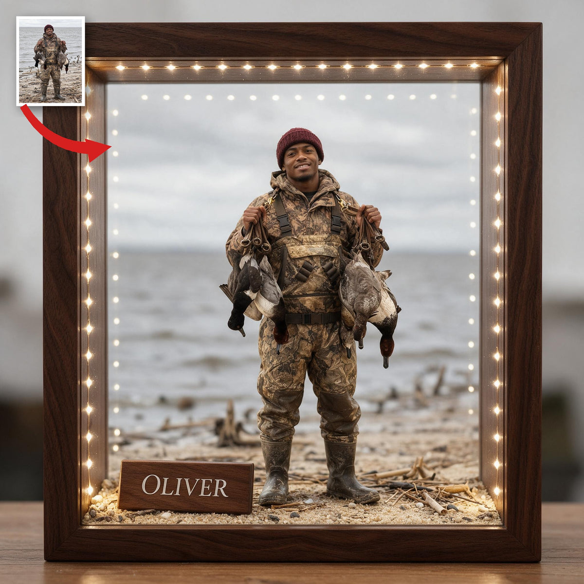 Personalized Custom Photo Black Duck Hunter Wooden Frame LED Light Hunting Gift