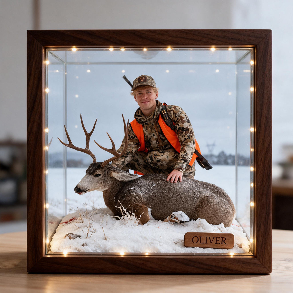 Personalized Custom Photo Hunter with Deer Wooden Frame LED Light Hunting Gift