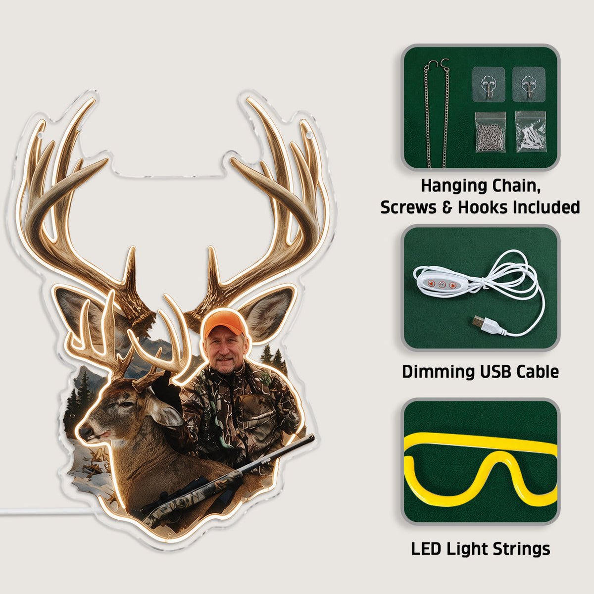 Personalized Black Hunter with Deer Neon LED Light Sign Hunting Wall Decor