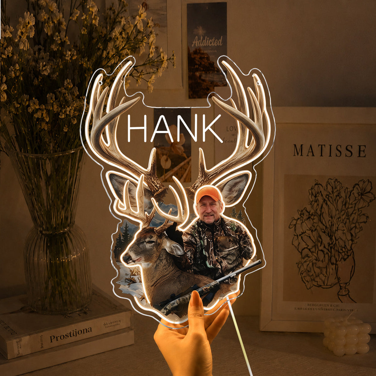 Personalized Middle-Aged Black Hunter with Deer Neon LED Light Sign Hunting Decor
