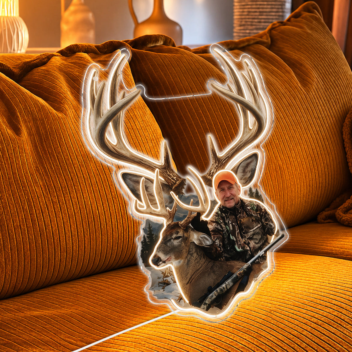 Personalized Black Hunter with Deer Neon LED Light Sign Hunting Wall Decor