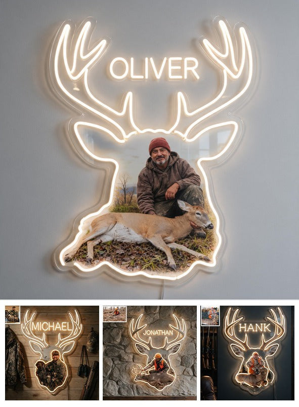 Personalized Middle-Aged Latino Hunter with Deer Neon LED Light Sign Hunting Decor