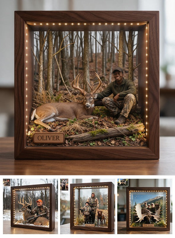 Personalized Custom Photo Black Hunter with Deer Wooden Frame LED Light Hunting Gift