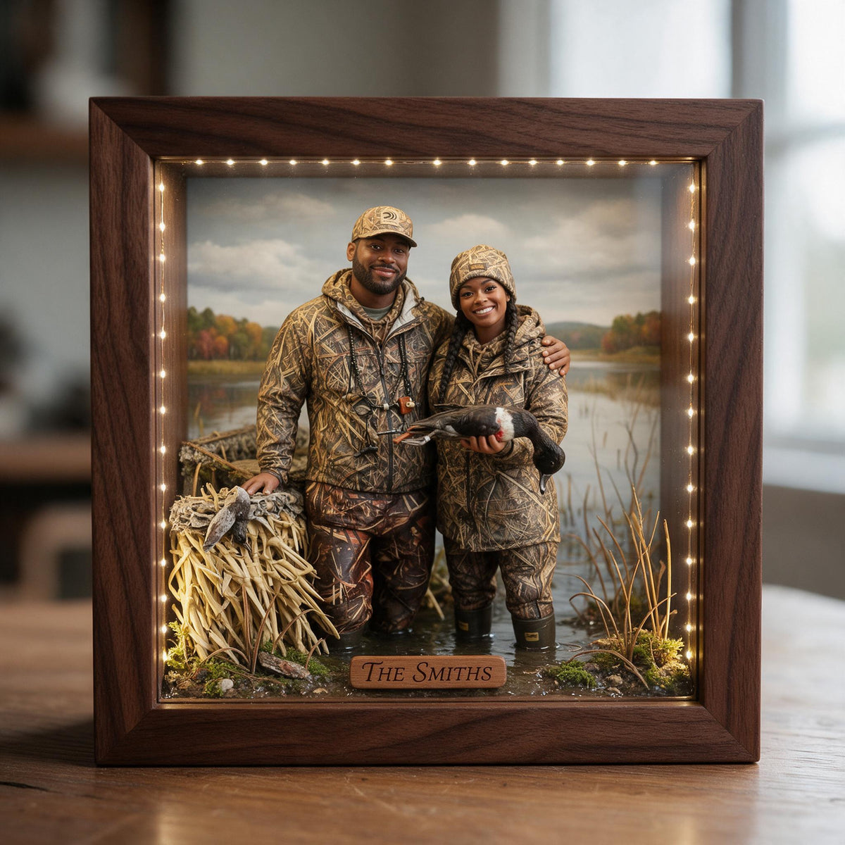 Personalized Custom Photo Black Hunting Couple Wooden Frame LED Light Hunting Gift