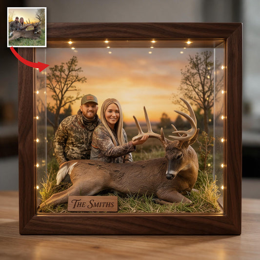 Cadre en Bois LED Personnalisé Couple Chasseur avec Cerf - Cadeau Décor