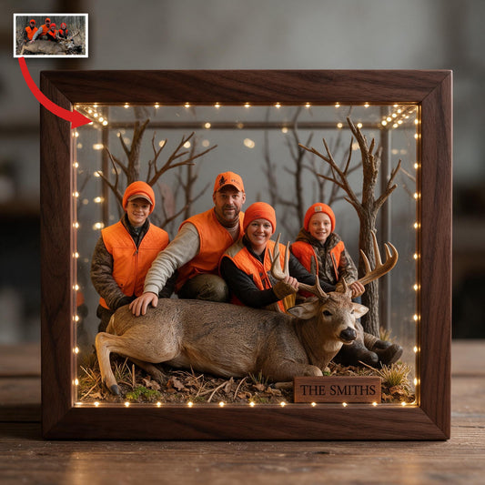 Cadeau personnalisé : cadre photo en bois LED pour famille de chasse avec cerf