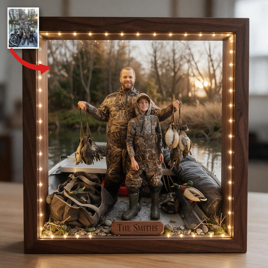 Cadre en Bois LED Personnalisé Photo Père et Enfant Chasseurs de Canards
