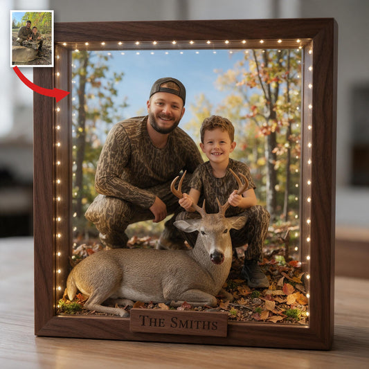 Cadre en Bois LED Personnalisé Photo Chasseur et Enfant avec Cerf