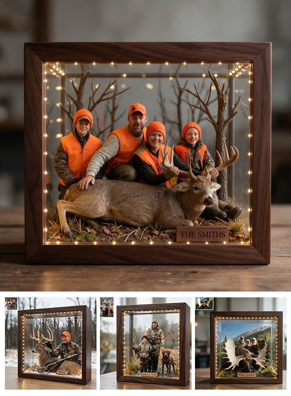Personalized Custom Photo Hunting Family with Deer Wooden Frame LED Light Gift