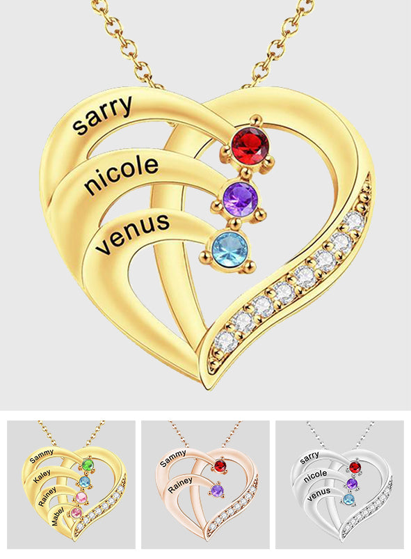 Amour du Cœur - Collier en forme de cœur personnalisé avec les noms de famille et pierre de naissance