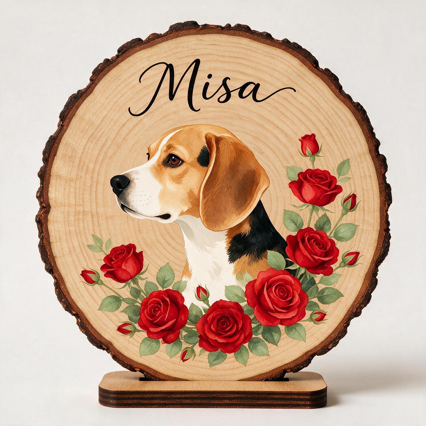 Personalized Beagle Red Roses 2-Layer Wooden Plaque - Custom Pet Memorial Gift for Dog Lovers