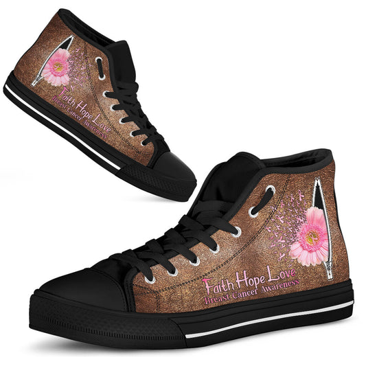 Faith Hope Love - Baskets montantes en cuir imprimé motif, symbole de sensibilisation au cancer du sein 0622