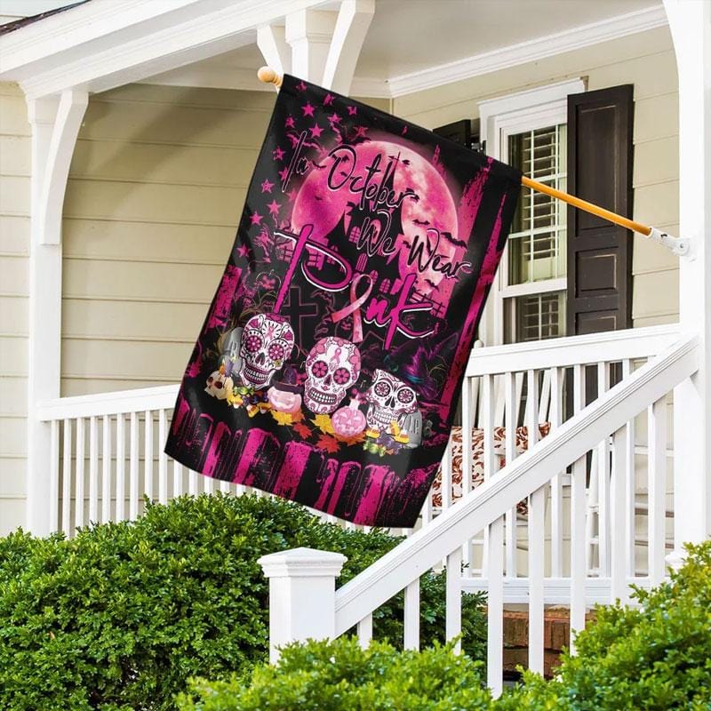 Im Oktober tragen wir eine rosa Halloween-Totenkopfflagge – Hausflagge zur Sensibilisierung für Brustkrebs 0822