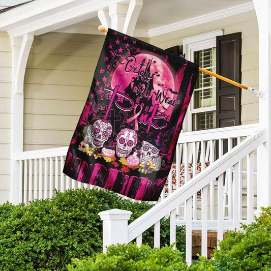 Im Oktober tragen wir eine rosa Halloween-Totenkopfflagge – Hausflagge zur Sensibilisierung für Brustkrebs 0822