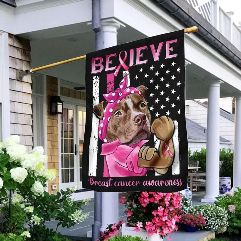 Croire au drapeau américain Pitbull - Drapeau de sensibilisation au cancer du sein 0822