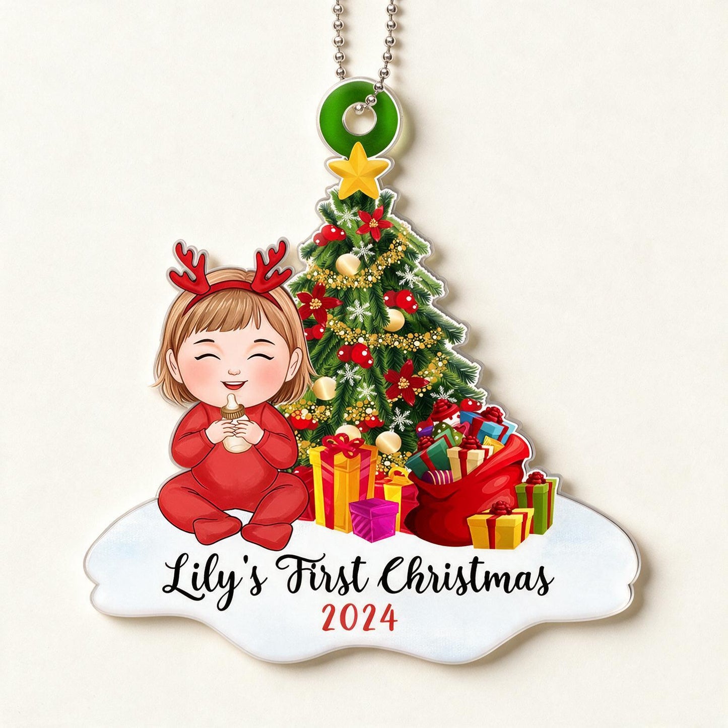 Baby Girl First Christmas Personalized Acrylic Ornament - Reindeer Headband, Christmas Tree, Custom Name Year New Baby Gift