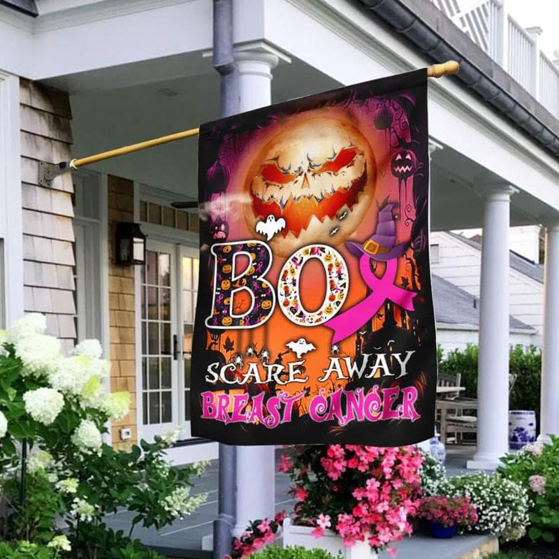 Citrouille d'Halloween et ruban rose - Drapeau de sensibilisation au cancer du sein 0822
