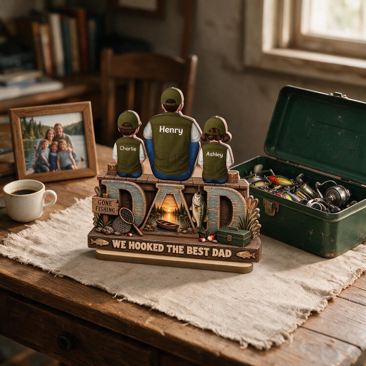 We Hooked The Best Dad Personalized 2-Layered Wooden Plaque - Father's Day Gift for Fishing Dad with Kids Names