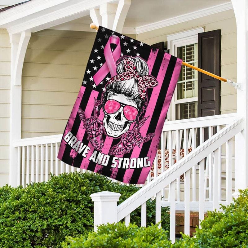 Tapferer und starker Totenkopf & rosa Schleife – Hausflagge zur Sensibilisierung für Brustkrebs 0822