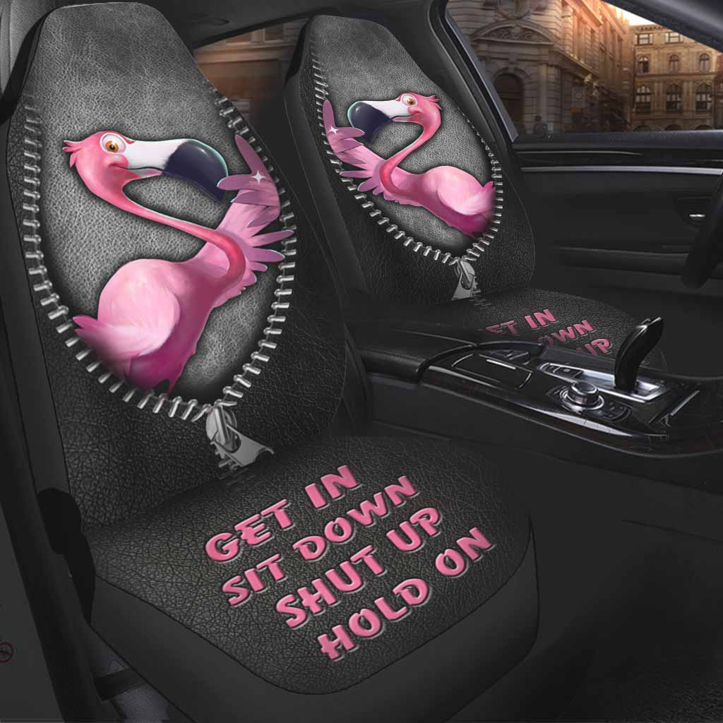 Einsteigen, hinsetzen, Klappe halten, festhalten – Flamingo-Sitzbezüge mit Ledermuster
