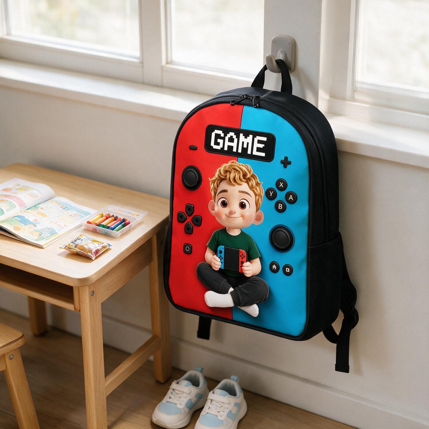 Personalized Gamer Boy Controller Backpack - Red Blue Split Switch-Style Design - Back to School Gift for Young Kids