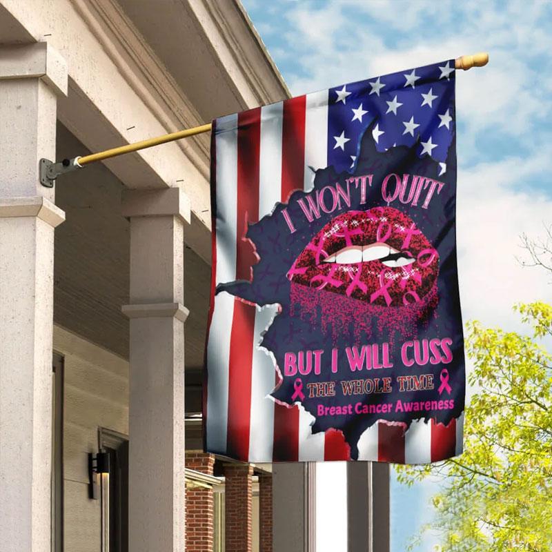 Ich gebe nicht auf, aber ich werde die ganze Zeit fluchen. Rosa Schleife, Lippen, amerikanische Flagge – Hausflagge zur Sensibilisierung für Brustkrebs 0822