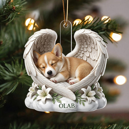 Personalisierte schlafende Corgi-Engelsflügel Acryl Ornament - Individuelles Namensgedächtnisgeschenk für Hundefreunde