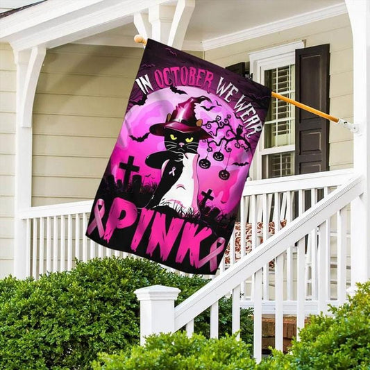 En octobre, nous portons du rose : ruban rose pour Halloween et chat – Drapeau de sensibilisation au cancer du sein 0822