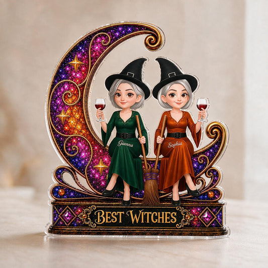 Personalized Best Witches On Sparkle Moon Acrylic Block, Halloween Best Friend Decor Gift