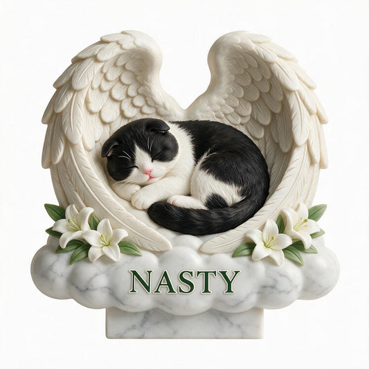 Plaque en Acrylique avec Photo Personnalisée de Chat Tuxedo Endormi avec Ailes d'Ange