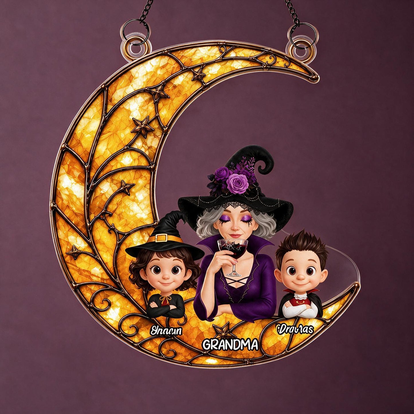 Personalized Halloween Witch Grandma & Grandkids Crescent Moon Acrylic Window Hanging - Custom Halloween Gift for Grandma