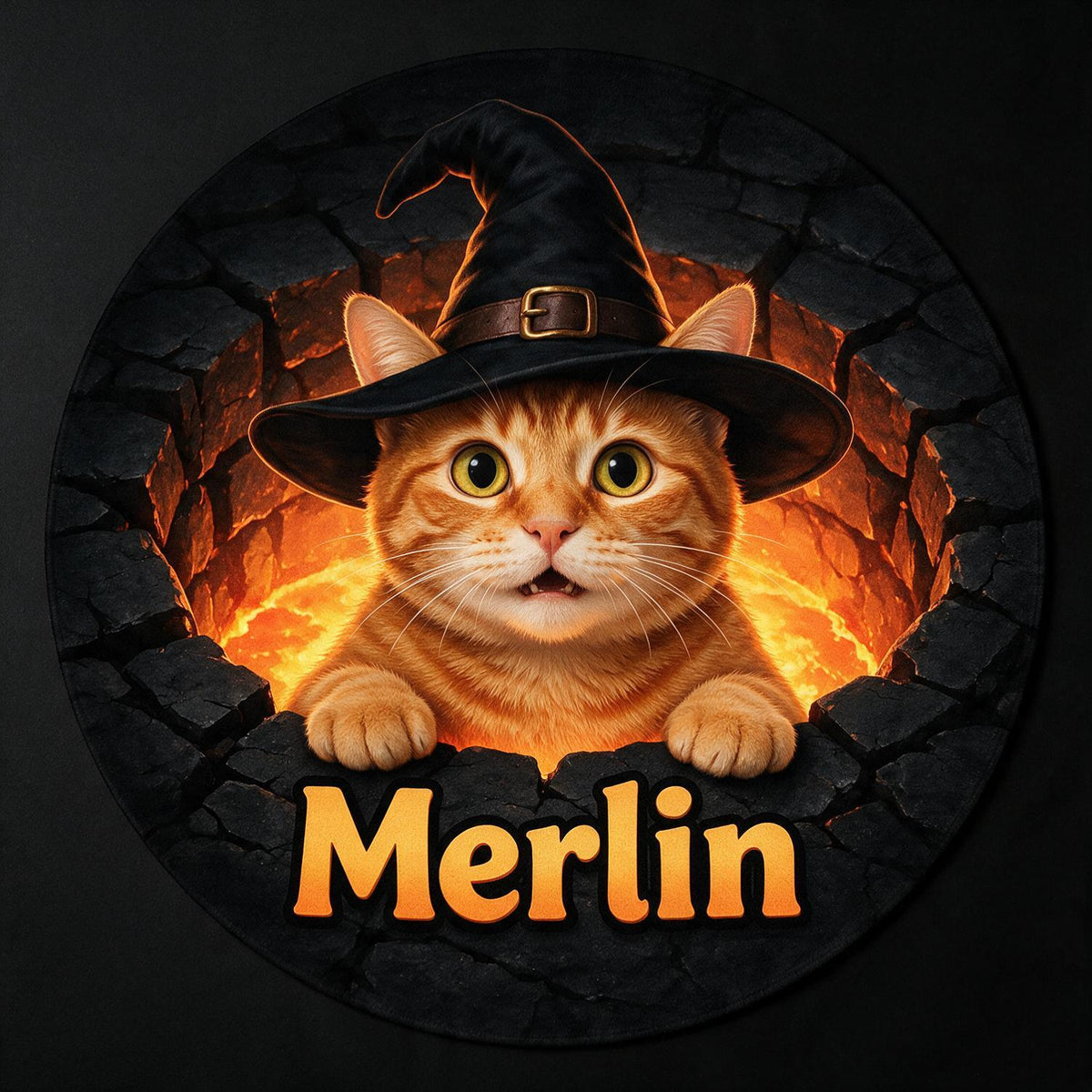 Personalized Halloween Orange Tabby Cat Witch Hat Round Doormat | Cat Mom Gift