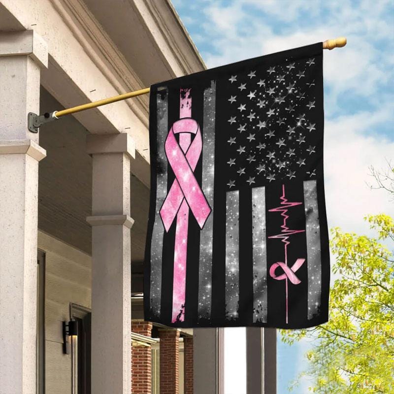 Drapeau américain Ruban rose et battement de cœur - Drapeau de sensibilisation au cancer du sein 0822