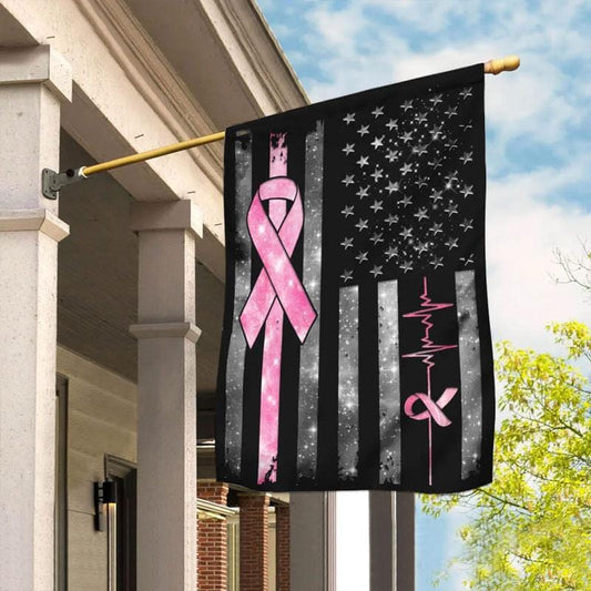 Drapeau américain Ruban rose et battement de cœur - Drapeau de sensibilisation au cancer du sein 0822
