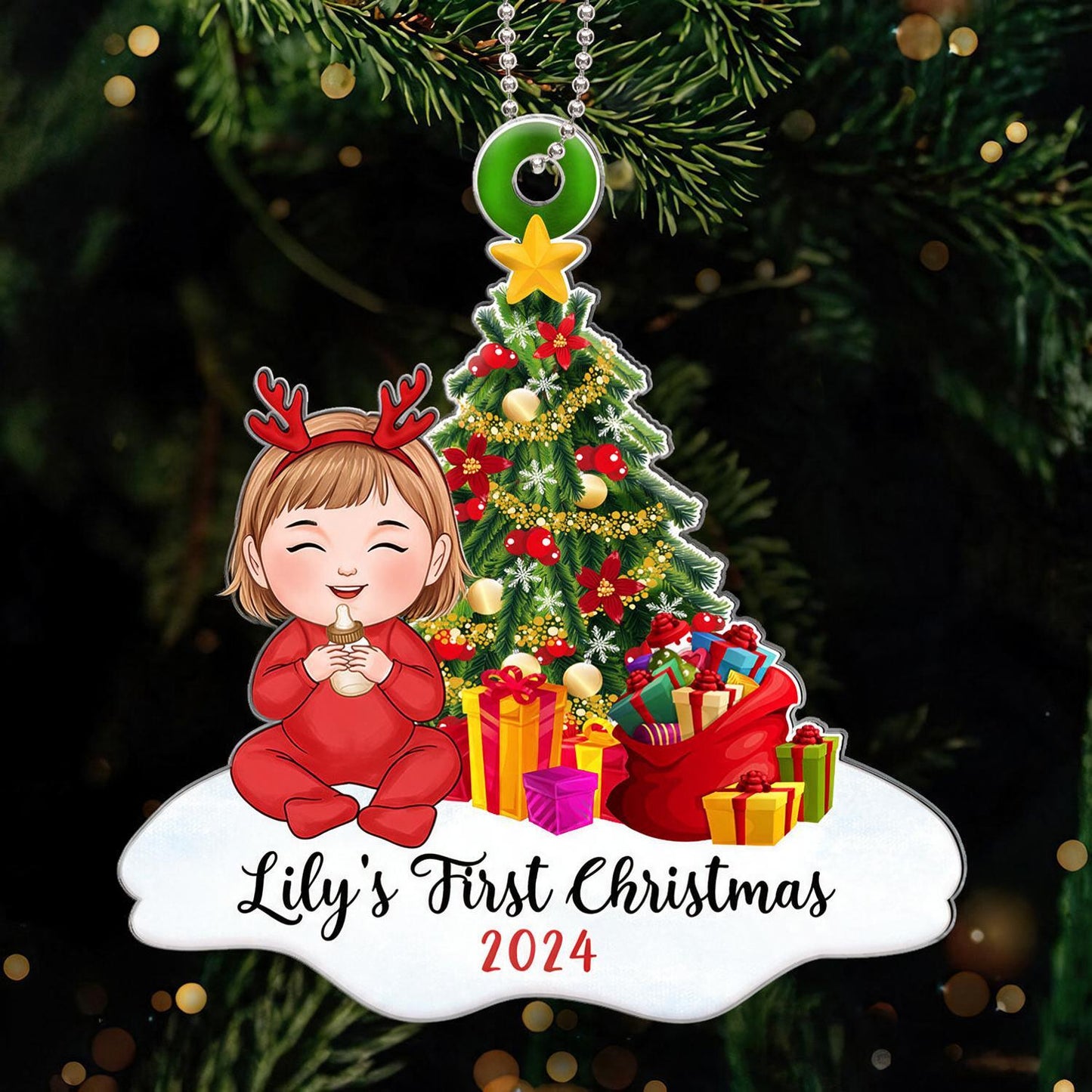 Baby Girl First Christmas Personalized Acrylic Ornament - Reindeer Headband, Christmas Tree, Custom Name Year New Baby Gift