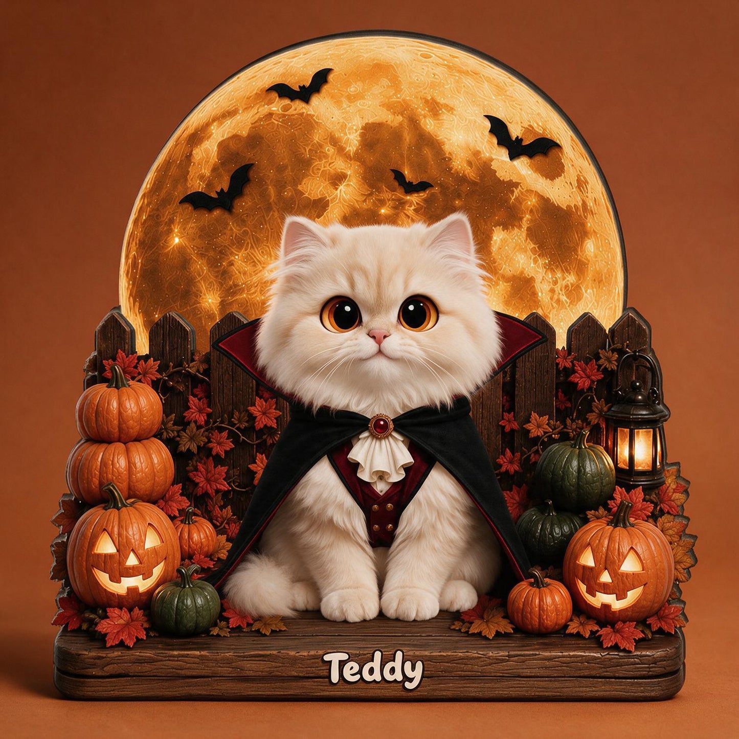 Personalisierte 2-Layer Holz Halloween-Plakette - Gruselige Vampir-Katze mit Kürbissen, individuelles Geschenk für Katzenliebhaber