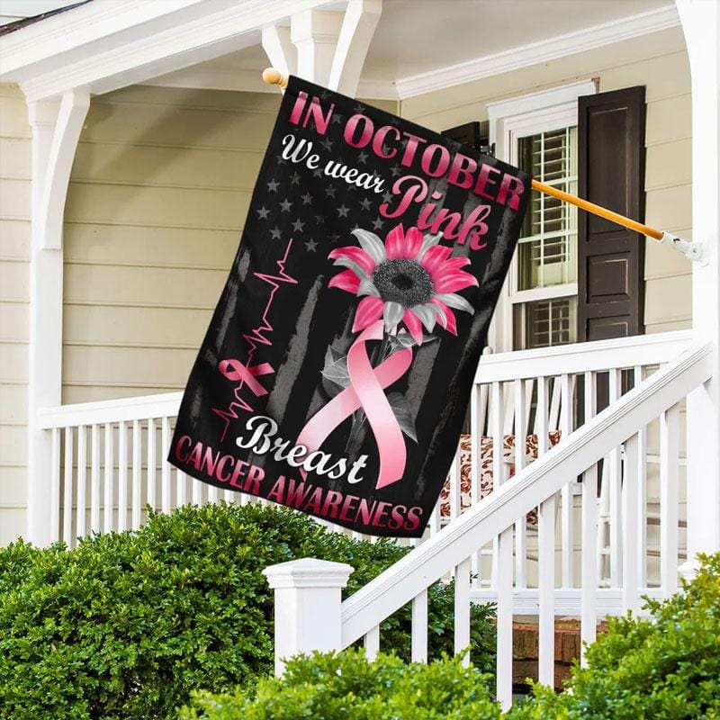 Im Oktober tragen wir die rosa Sonnenblumen-Herzschlag-Hausflagge – Hausflagge zur Sensibilisierung für Brustkrebs 0822