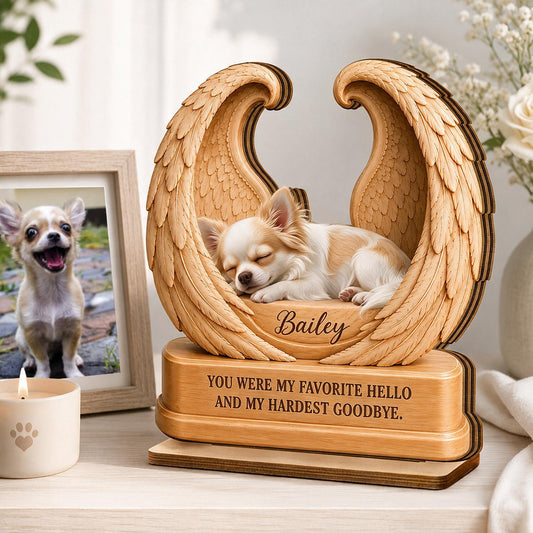 Personalisierte schlafende Chihuahua in Engelshörner 2-lagige Holzgedenkplakette - Hund Verlust Mitgefühl Geschenk Andenken