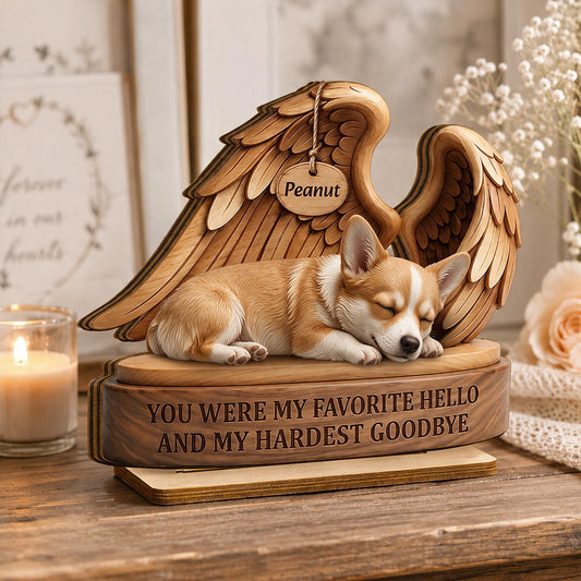 Personalisierte Corgi Engel Flügel Haustiergedächtnis 2-Layer Holzschild - Lieblings Hallo Schwerster Abschied Mitgefühl Geschenk für Hundeverlust