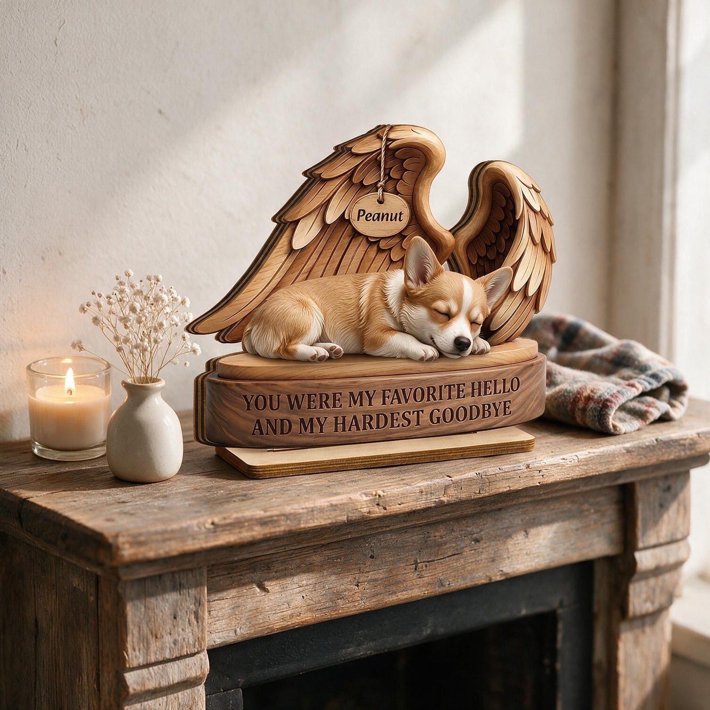 Personalized Corgi Angel Wings Pet Memorial 2-Layer Wooden Plaque - Favorite Hello Hardest Goodbye Sympathy Gift for Dog Loss