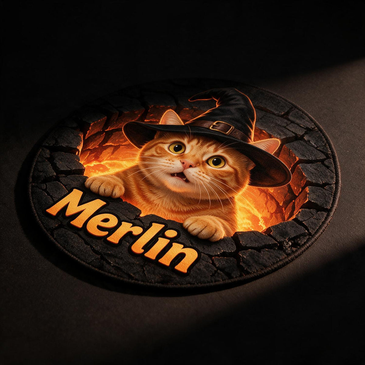 Personalized Halloween Orange Tabby Cat Witch Hat Round Doormat | Cat Mom Gift