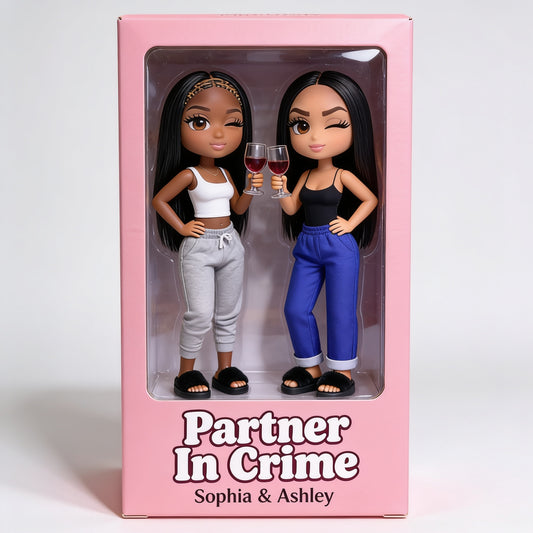 Personalized Black Bestie Dolls Partner In Crime Figurine Set - Custom Female Best Friends Wine Tasting Desk Ornament Gift