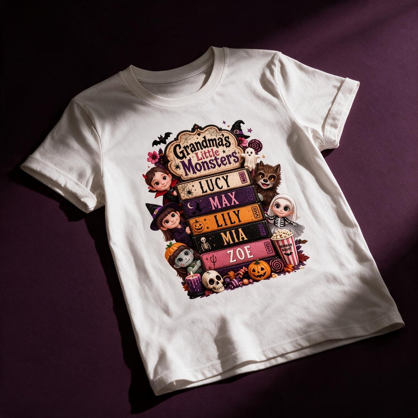 Grandma's Little Monsters Retro Halloween VHS Shirt - Personalized Halloween Gift for Grandma with Custom Grandkids Names
