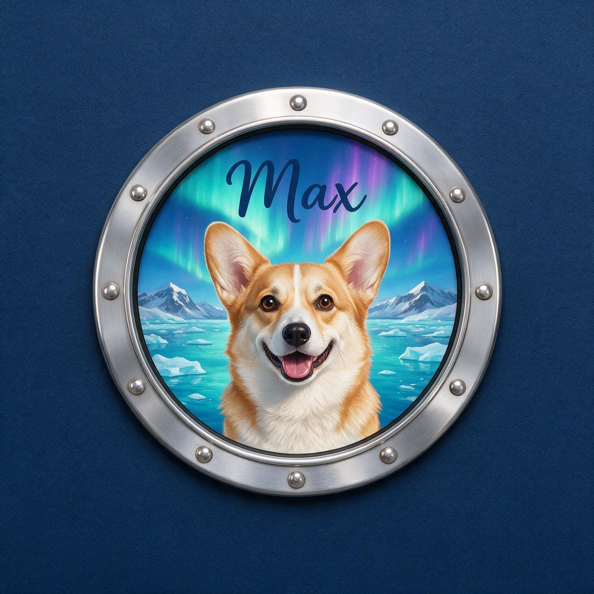 Personalisierter lächelnder Corgi, der durch das Bullauge schaut - Reisemagnet für Tierliebhaber