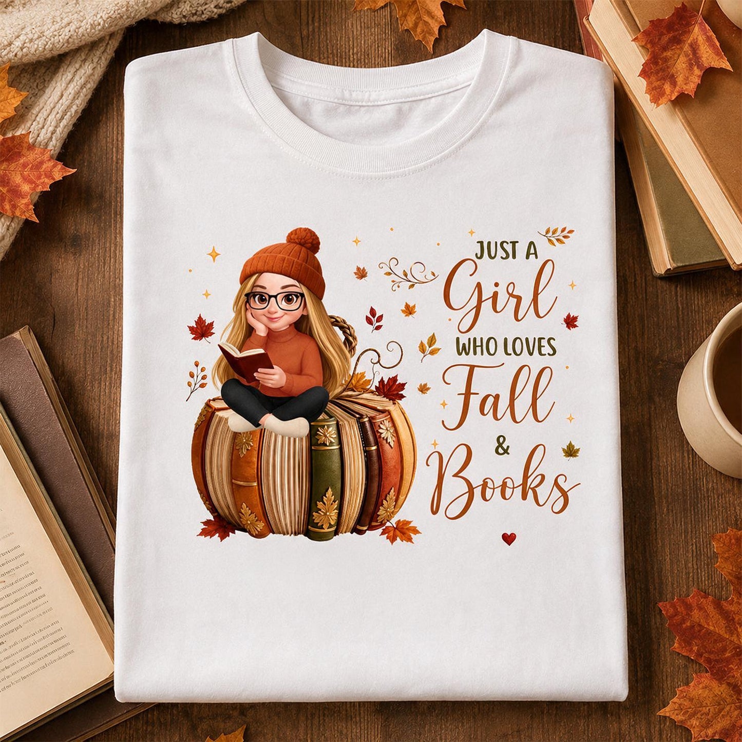 Just A Girl Who Loves Fall & Books Personalized Shirt - Book Pumpkin Girl Reading Fall Gift For Book Lovers