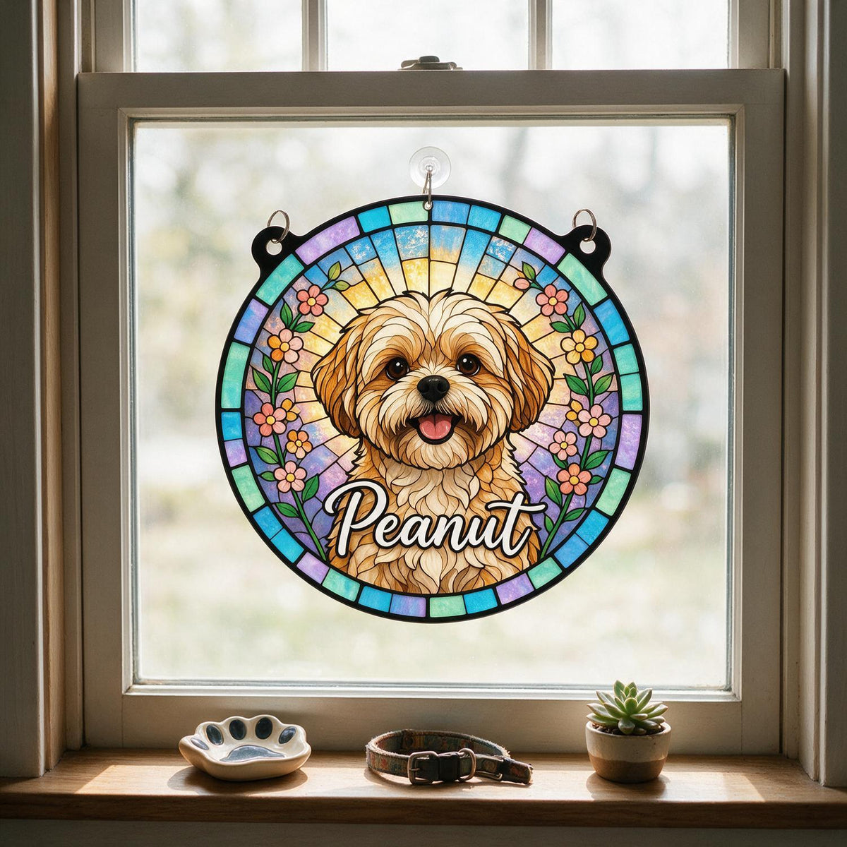 Personalized Light Brown Shih Tzu Dog Stained Glass Style Acrylic Window Hanging, Pet Memorial Gift