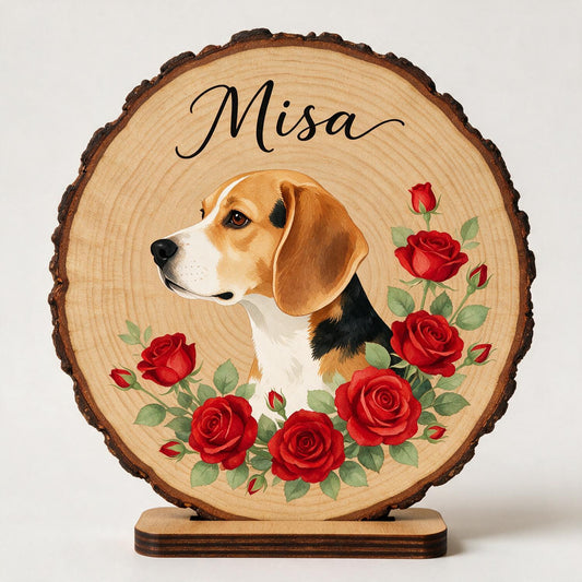 Personalisierte Beagle Rote Rosen 2-Layer Holzplakette - Individuelles Haustiergedächtnisgeschenk für Hundefreunde
