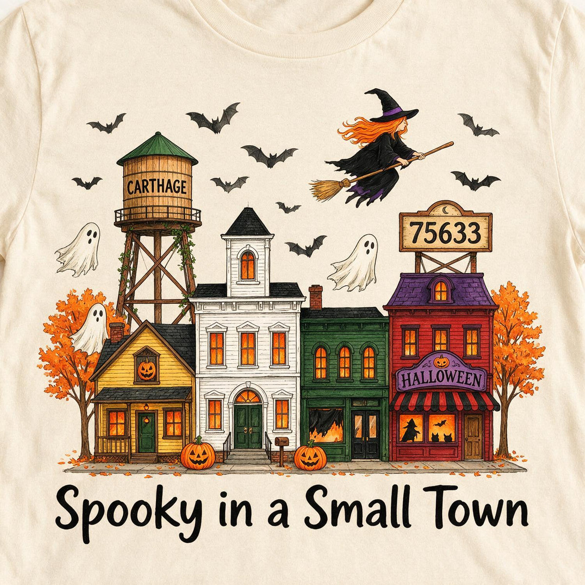 T-shirt Halloween Personnalisé Photo de Petite Ville Effrayante, Nom de Ville & Code Postal