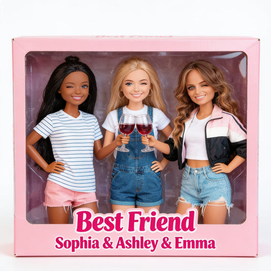 Personalized Best Friend Trio Dolls Figurine Set - Custom Female Besties Wine Tasting Desk Ornament Gift